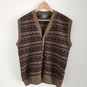 Woolrich Vintage Fair Isle Wool Sweater Vest Brown Nordic Handframed Large